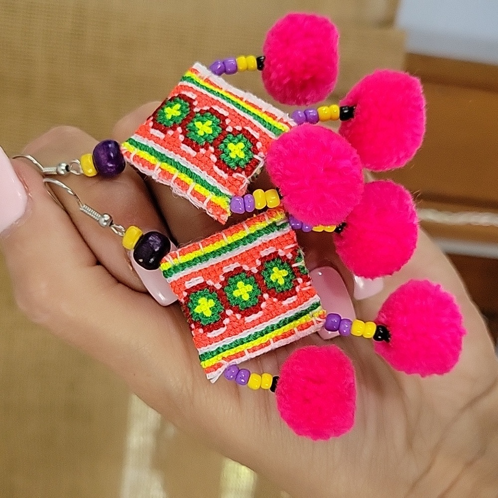 Hmong Tribe Embroidered Dangle Pom Pom Drop Earrings - Picture 6 of 7